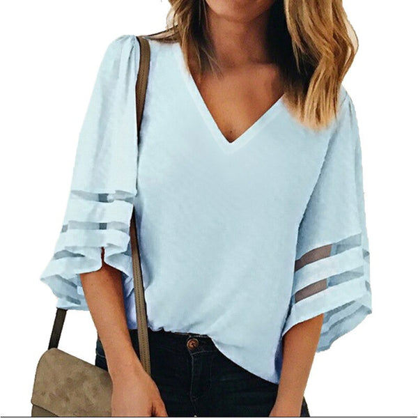 Women V Neck Flared Sleeves Blouse Female Shirt Casual Loose Mesh Patchwork Shirts
