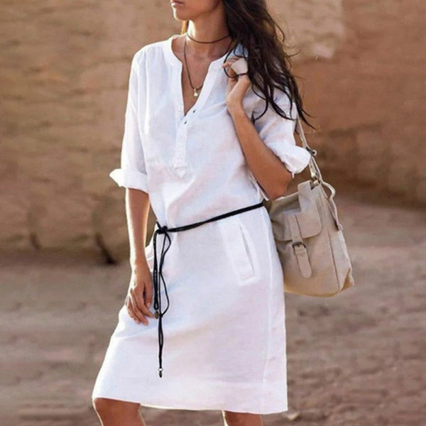 Women Summer Cotton Linen Long Sleeve V-neck Mini Dress