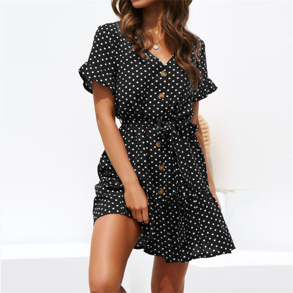 Summer Women Short Sleeve Beach Dot Print Sexy V Neck Button Chiffon Mini Dress