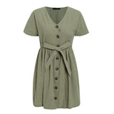 Women Vintage V Neck Short Sleeve Cotton Linen Mini Dress