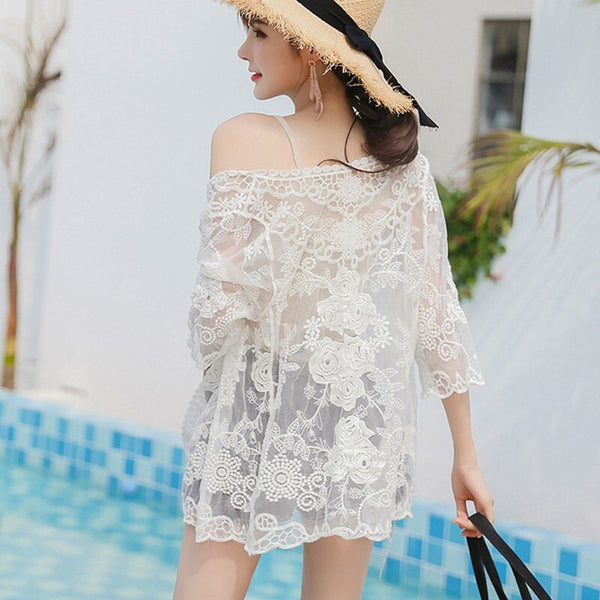 Embroidery Lace Hollow Floral Sweet Half Sleeve Cardigan (white One Size)