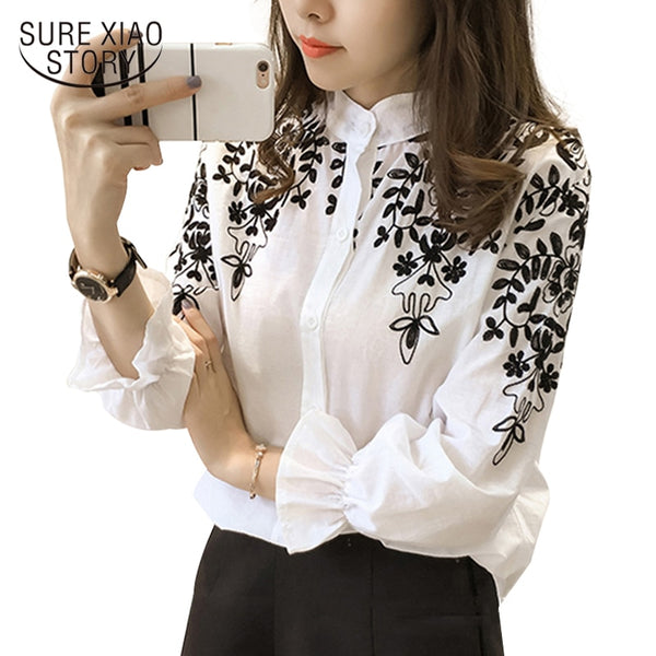 Fashion embroidery women's clothing long Sleeve Casual Women Blouse shirt office lady women tops