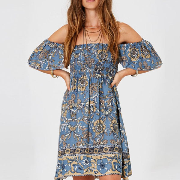 Women Off Shoulder Floral Print Sexy Blue Stylish Mini Dress