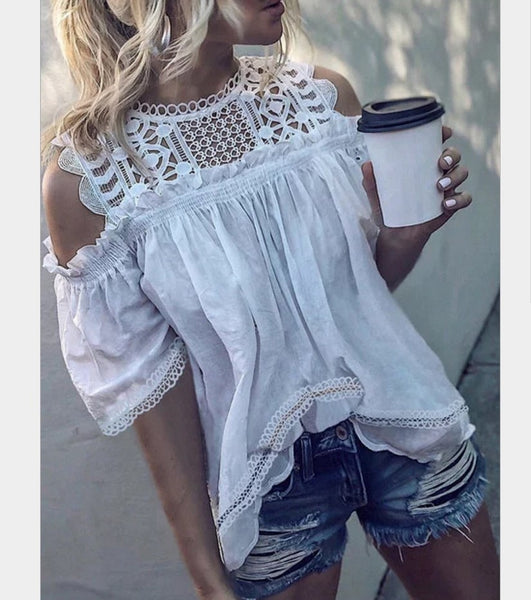 Women Off Shoulder Casual Round Neck Lace Hollow Out Blouse