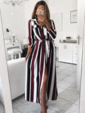 2019 Women Stripe  Turn-Down Collar Long Shirt Maxi Dress