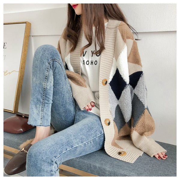 Casual Plaid V-Neck Single Breasted Puff Sleeve Cardigans Sweater