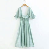 Ruffles Trim Half Sleeve Elastic Smocked Bodice Maxi Dress