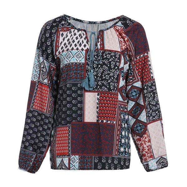 Women Chiffon Boho Loose Geometric Print Blouse