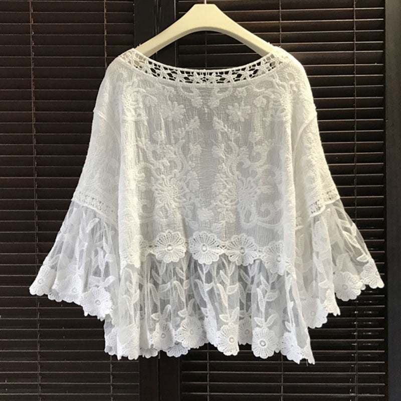 Women White Floral Lace V Neck 3/4 Sleeve Blouses – ebuytrends