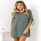 Solid Color Women Casual Short Sleeve O-neck Mini Dress