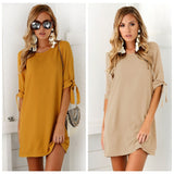  Solid Color Women Casual Short Sleeve O-neck Mini Dress