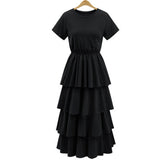 Women Elastic Waist O-neck Black Slim Maxi Dress