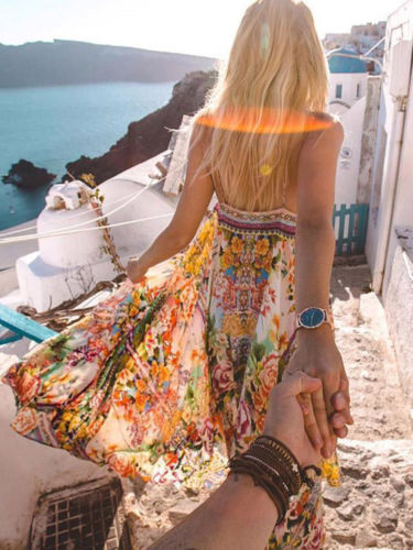 Women Fashion Casual Sundress Sleeveless Floral Slit Long Maxi Dress