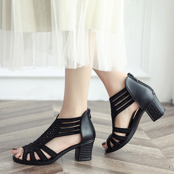 Women Fashion Crystal Hollow Out Peep Toe Wedges Sandals 