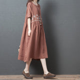 Women Cotton Linen Solid Color O-neck Short Sleeve Casual Dress