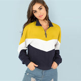 Women Hoodies Multicolor O-Ring Zip Front Cut Sew Stand Neck Raglan Sleeve Sweatshirt