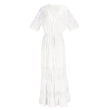 Elastic Waist Hollow Out Button V-neck Cardigan Beach Maxi Dress