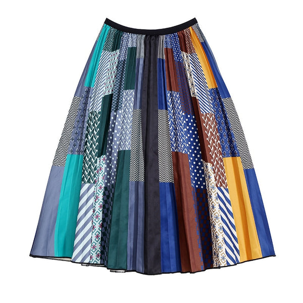 Spring Summer High Elastic Waist Black Striped Dot Printed Pleated Half-body Skirt
