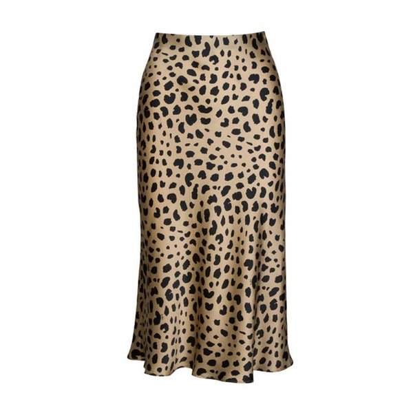Women High Waist Leopard Hidden Elasticized Waistband Silk Satin Midi Skirts