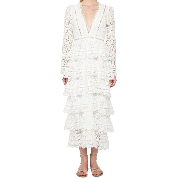 Summer Women White Lace Long Sleeve Elegant Embroidery Maxi Dress
