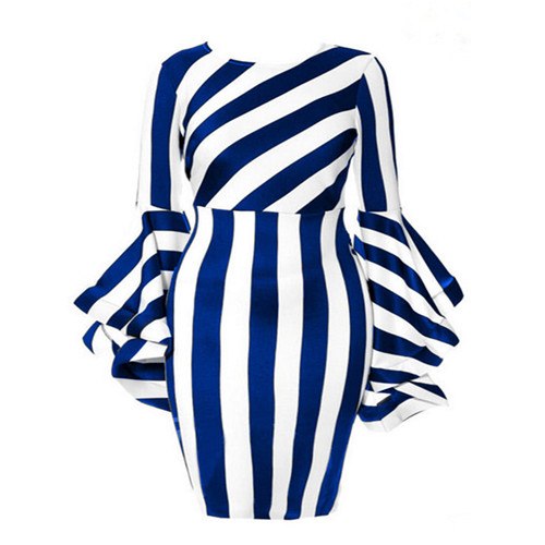 Women Plus Size Flare Sleeve Striped  Bodycon Dresses