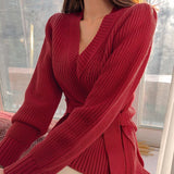 Women V-Neck Fashionable Korean Style Casual Solid Sweater