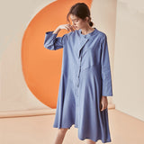 Summer Stand Collar Long Sleeve Blue Hem Striped Split Joint Loose Shirt Mini Dress