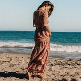 Women Lace V-neck Flare Short Sleeves Loose Beach Maxi Dress