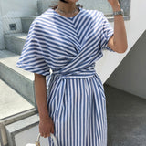 Women Cotton Blue Striped Bandage Split Long Maxi Dress 