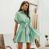Women Elegant Plaid Sashes Short Sleeve A-line Casual Mini Dress
