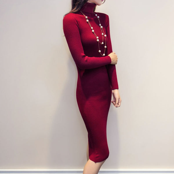Women Sexy Sweater Knitted Slim Elastic Turtleneck Long Sleeve Bodycon Dresses 
