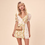 Summer Patchwork Button Lemons Floral Print Sexy Mini Dress