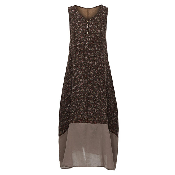 Women Vintage Women Floral Printed Sleeveless Buttons Casual Dress