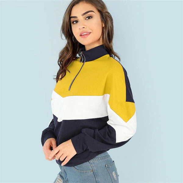 Women Hoodies Multicolor O-Ring Zip Front Cut Sew Stand Neck Raglan Sleeve Sweatshirt 