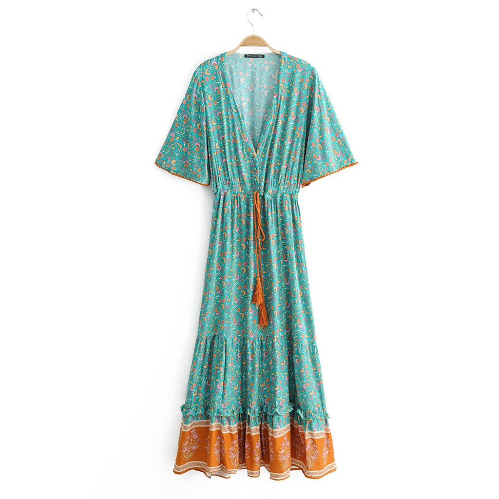 Women Vintage Print Waist tie V-Neck Short Sleeve Maxi Dress – ebuytrends