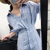 Women Slim Waist Striped Shirt Long Sleeve Knee Length Mini Dress