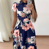 Women Casual Short Sleeve Floral Print Turtleneck Bandage Maxi Dress 