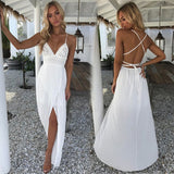 Women Sleeveless White Color Backless Bandage V-Neck Bohemia Dress