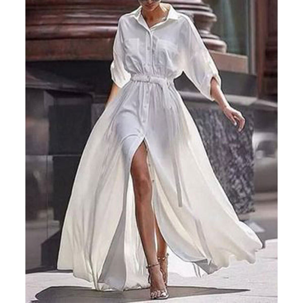 Summer Women Chiffon long Sleeve Tunic White Shirt Maxi Dress