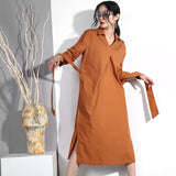 Summer Fashion Tide Solid Color Lapel Three-quarter Sleeve Sasehs Split Brief Loose Dress