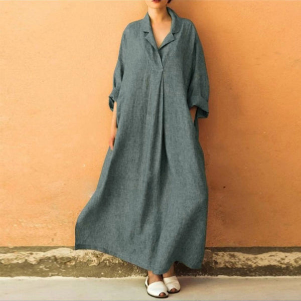 Bohemian Women Plus Size Long Sleeve V-Neck Cotton and Linen Maxi Dress 