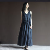 Summer Solid Color Tank Dress Cotton Linen V-Neck Loose Sleeveless Maxi Dress 