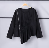 Women Round Neck Sleeve Solid Color Black Zipper Split Joint Shirt Blouse