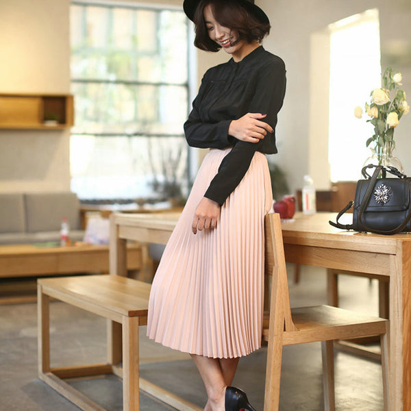 Summer New Fashion Women High Waist Pleated Solid Color Skirts