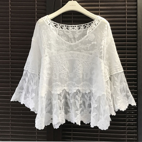 Women White Floral Lace  V Neck 3/4 Sleeve Blouses