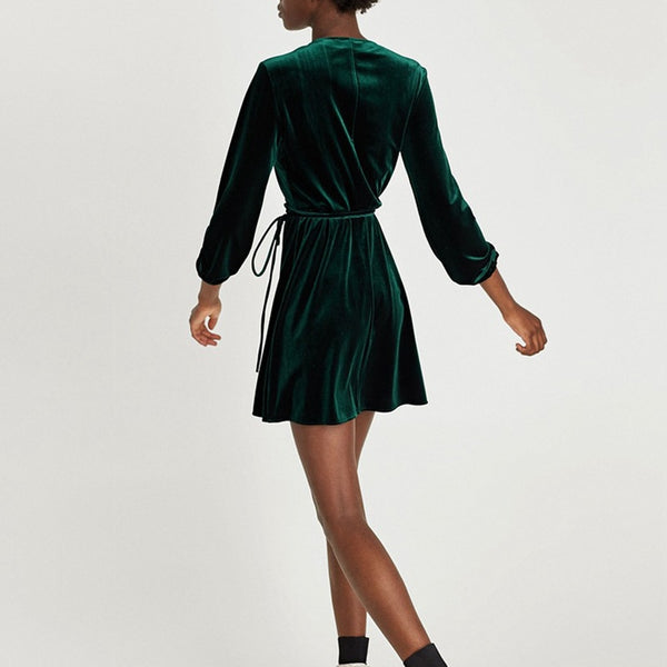Elegant V-Neck WrapWomen Long Sleeve Velvet Mini Dress