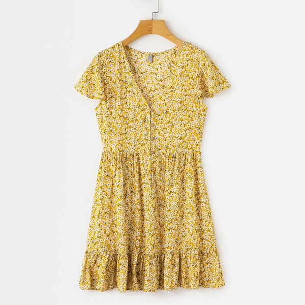 Short Sleeve V-Neck Floral Print Chic Mini Dress