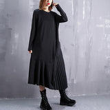 Summer Round Neck Long Sleeve Black Loose Side Pleated Split Joint Irregular Maxi Dress