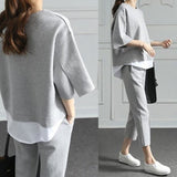 O-Neck Fake Two Pieces Loose Splits Sleeve Cotton Suits