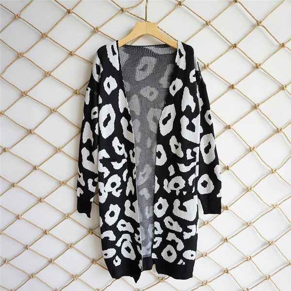 Women Leopard Print Knitted Long Cardigan